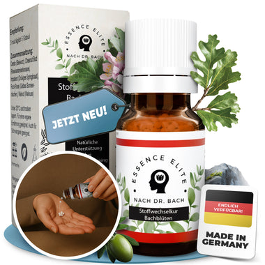 Bachblüten-Globuli Stoffwechsel: Braunglasfläschchen neben der Verpackung, daneben eine Hand mit Globuli. Aufdruck: Made in Germany