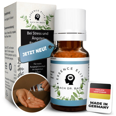 Bachblüten-Globuli Stress und Ängste: Braunglasfläschchen neben der Verpackung, daneben eine Hand mit Globuli. Aufdruck: Made in Germany