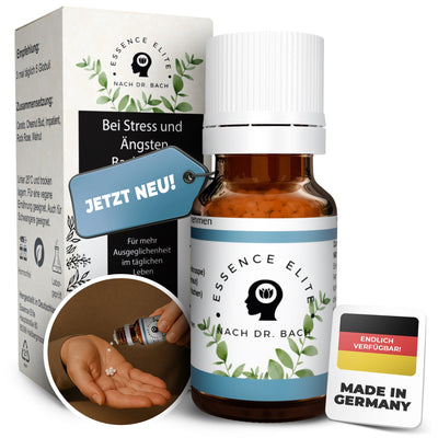 Bachblüten-Globuli Stress und Ängste: Braunglasfläschchen neben der Verpackung, daneben eine Hand mit Globuli. Aufdruck: Made in Germany